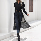 Damen elegantes Maxikleid mit transparenter Überlagerung und taillierbarem Gürtel