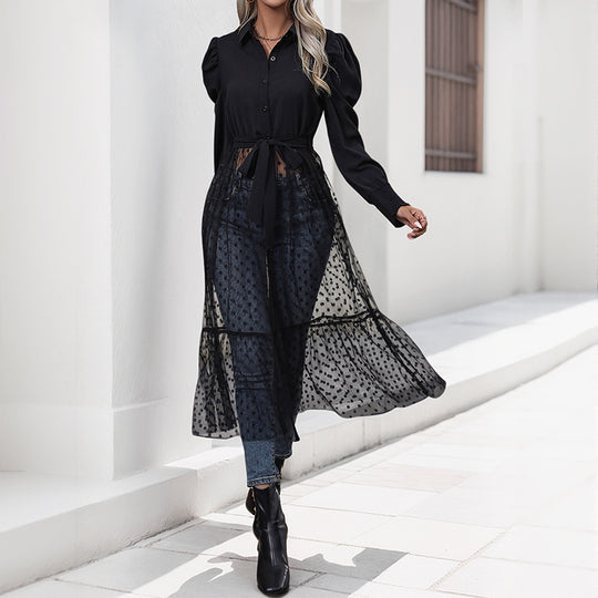 Damen elegantes Maxikleid mit transparenter Überlagerung und taillierbarem Gürtel R&B