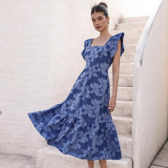 Damen Maxikleid mit floralem Streifenmuster und taillierter Silhouette R&B