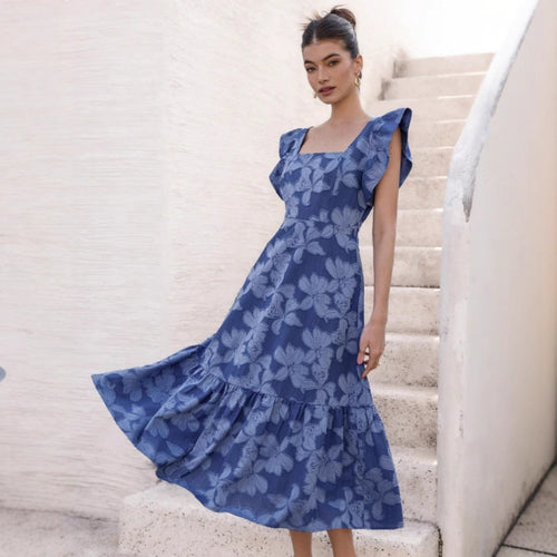 Damen Maxikleid mit floralem Streifenmuster und taillierter Silhouette R&B