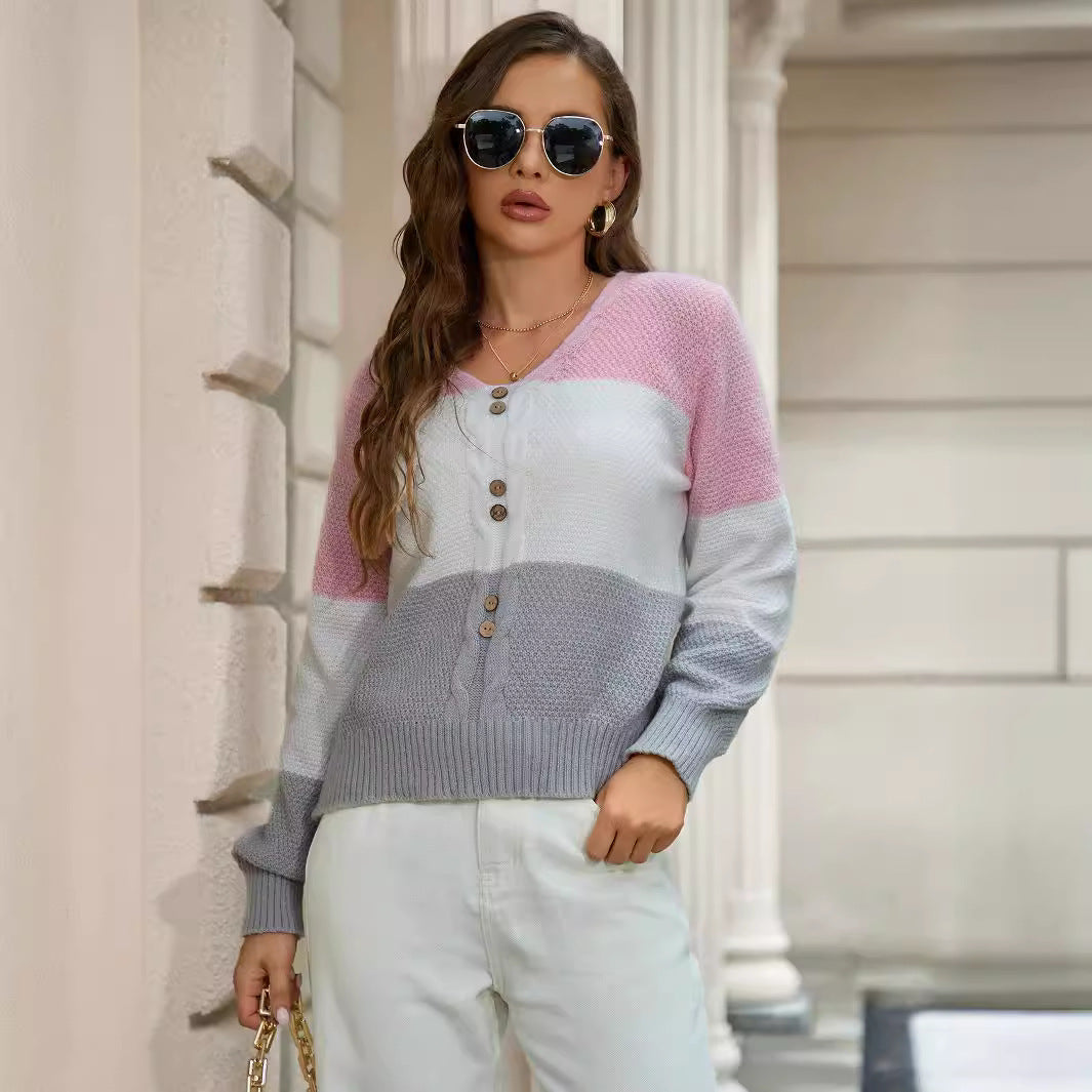 Damen Strickjacke mit modernem Farbblockdesign und luxuriösem Knopfverschluss R&B
