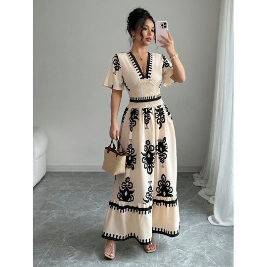 Damen Maxikleid mit einzigartiger Stickerei und Rüschen R&B