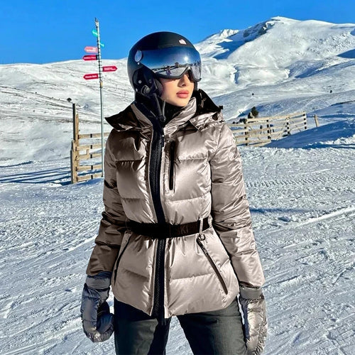 Damen warme Steppjacke mit abnehmbarer Kapuze und Taillengürtel R&B