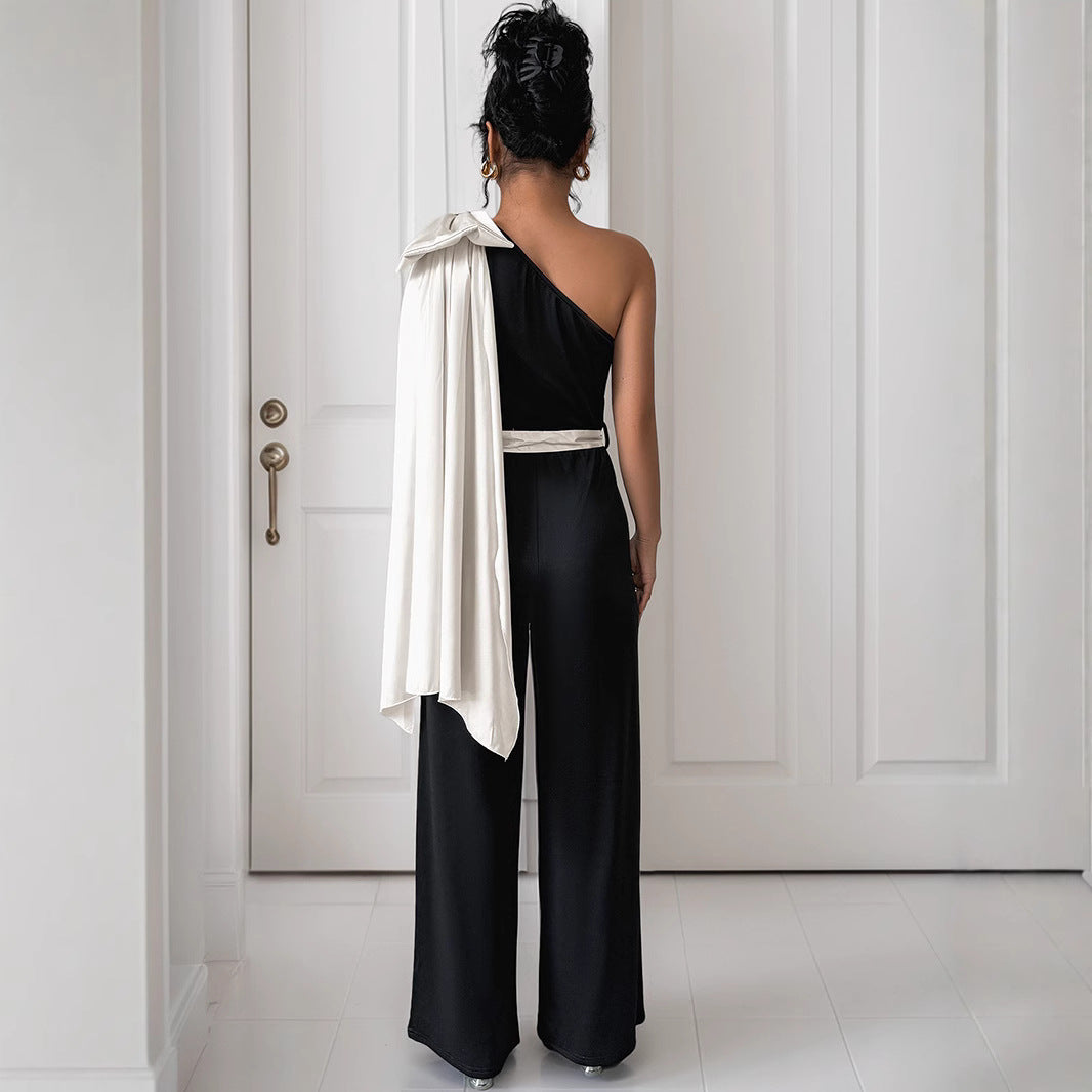 Damen eleganter Jumpsuit mit asymmetrischem Ausschnitt und dekorativem Taillengürtel R&B