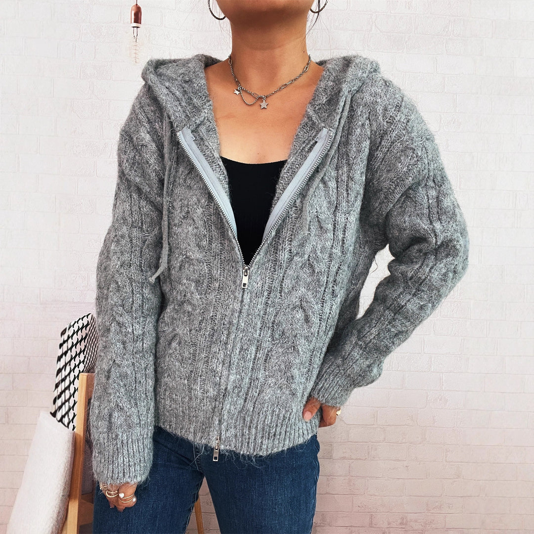 Damen kuschelige Grobstrickjacke mit Kapuze und Reißverschluss R&B