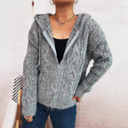 Damen kuschelige Grobstrickjacke mit Kapuze und Reißverschluss R&B