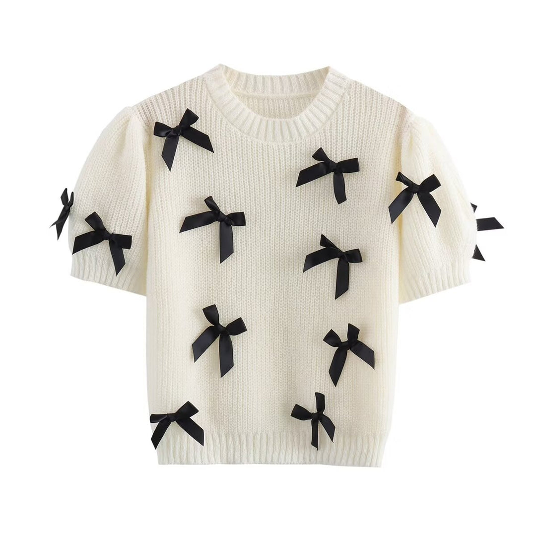 Damen modischer Strickpullover mit Puffärmeln und dekorativen Schleifen R&B