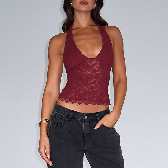 Damen Spitzen-Crop-Top mit tiefem V-Ausschnitt R&B