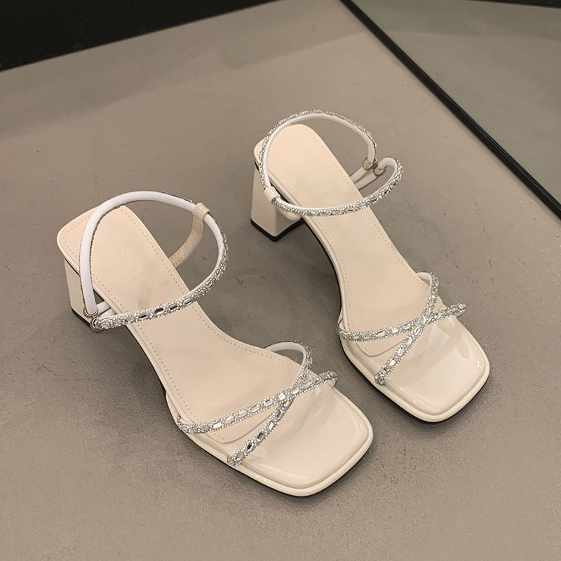 Damen elegante Sandalen mit funkelnden Riemchen und modischem Blockabsatz R&B