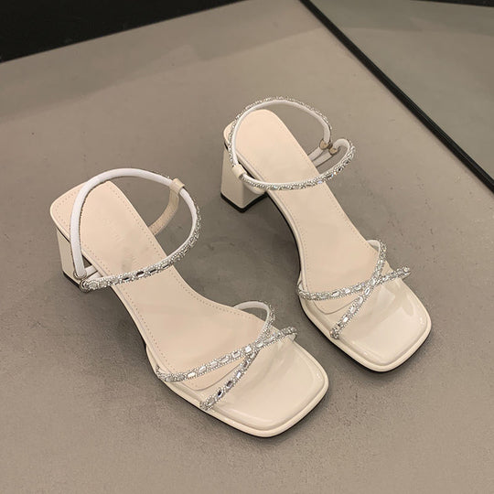Damen elegante Sandalen mit funkelnden Riemchen und modischem Blockabsatz R&B