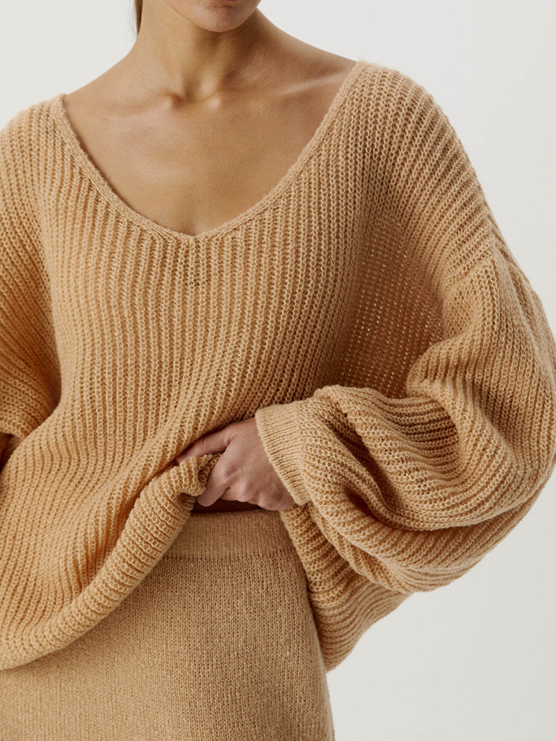Damen lässiger Strickpullover mit weiten Ärmeln und tiefem V-Ausschnitt R&B