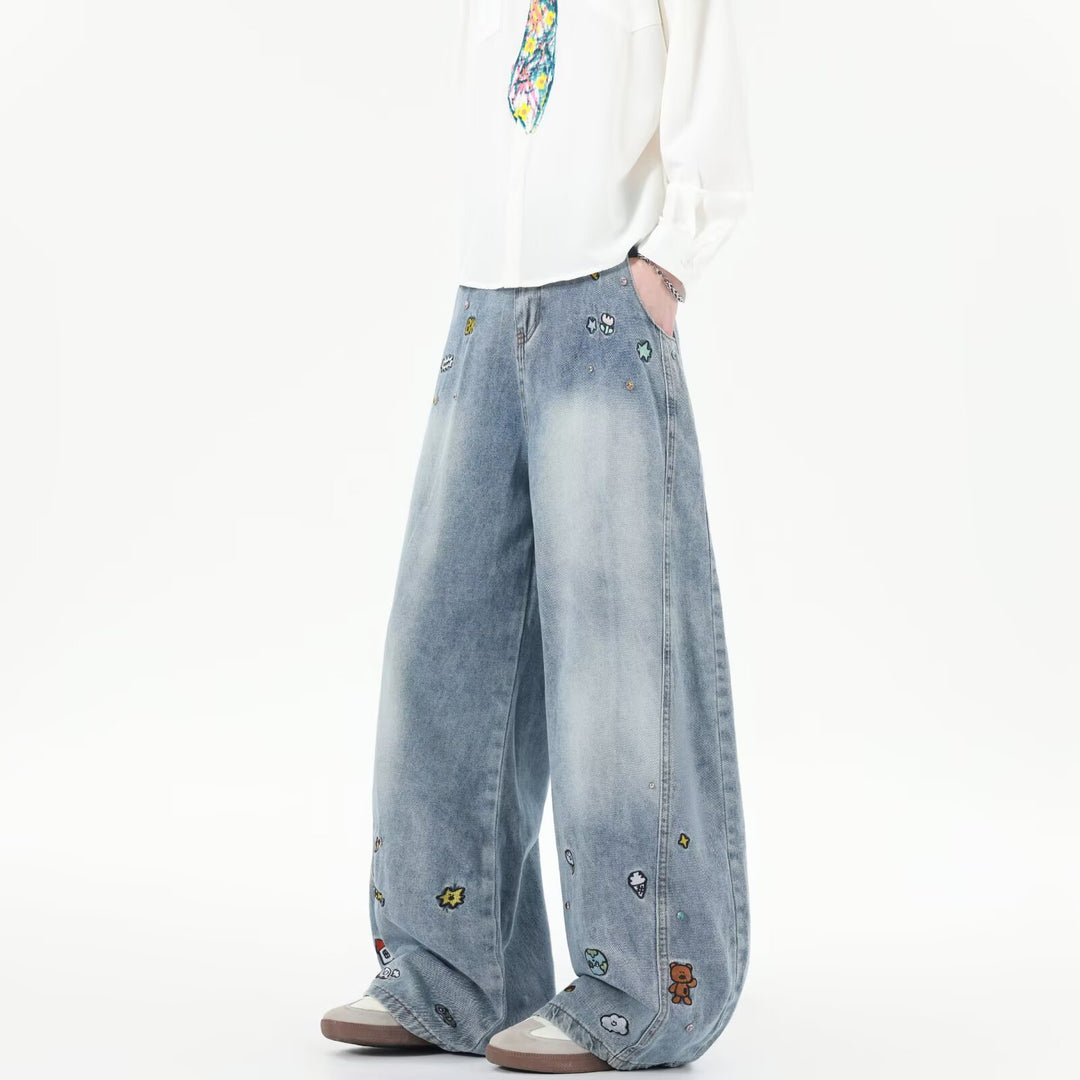 Damen Weit geschnittene Jeans mit bunten Stickereien R&B