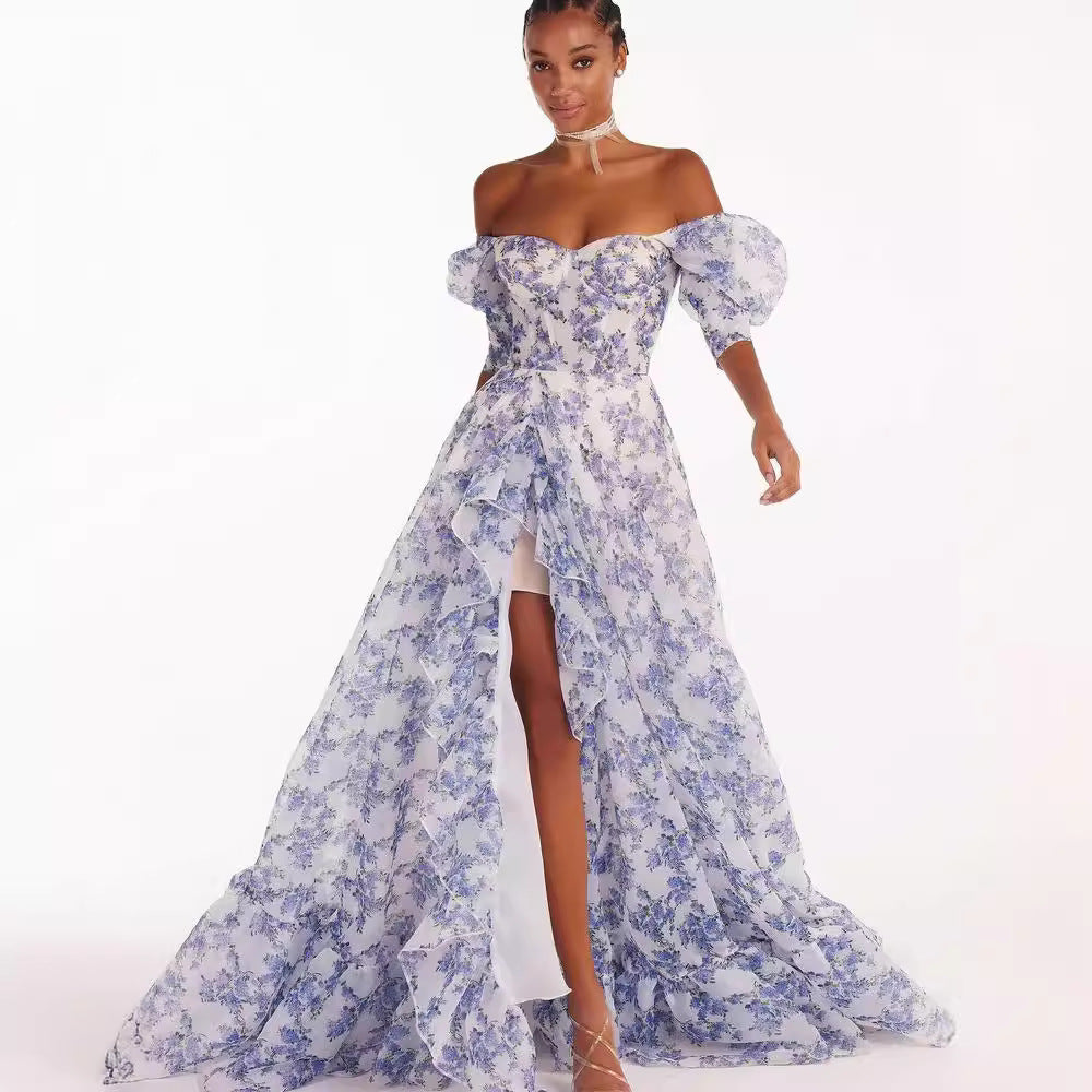 Damen Festliches Maxikleid mit schulterfreiem Design und floralen Rüschendetails R&B