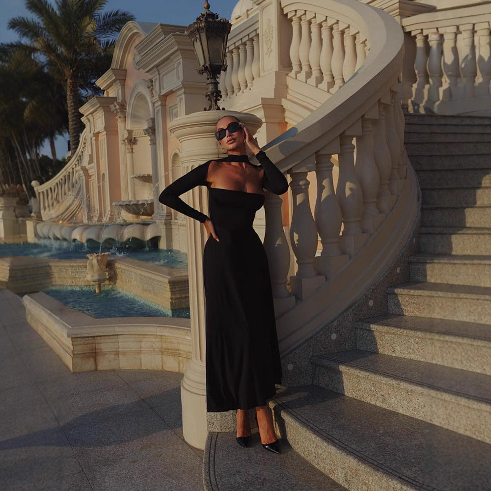 Damen Elegantes Off-Shoulder Maxikleid mit raffinierten langen Ärmeln R&B