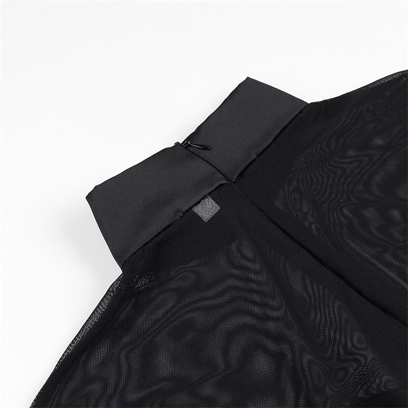 Damen elegantes Minikleid mit transparenten Ärmeln und hohem Kragen R&B