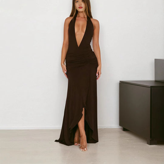Damen Elegantes Wickelkleid mit tiefem V-Ausschnitt und asymmetrischem Saum R&B
