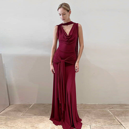 Damen schulterfreies Wickelmaxikleid mit drapiertem Oberteil und seitlichem Bindegürtel R&B