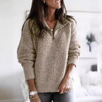 Damen nan weicher Strukturstrickpullover mit halbem Reißverschluss und Troyerkragen R&B