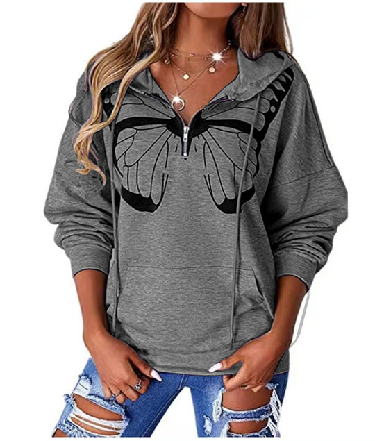 Damen lässiger Kapuzenpullover mit Schmetterlingsdruck und Halber Reißverschluss R&B