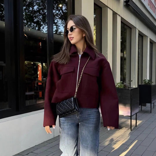 Damen lässige Wolljacke mit praktischen Pattentaschen und Reißverschluss R&B