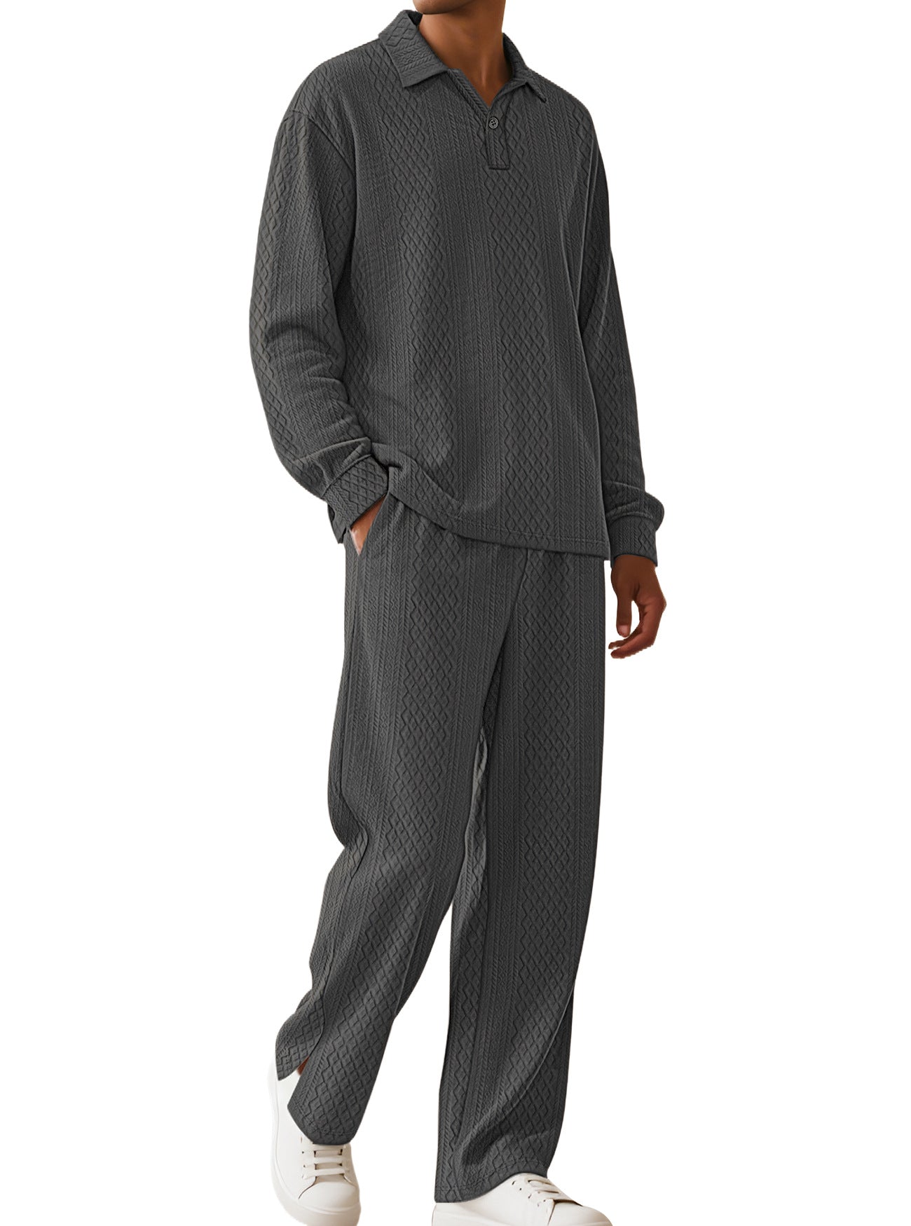 Herren nan Jacquard-Strickset mit Polokragen, legerer Passform und gerader Hose R&B