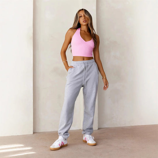 Damen Sportliches Crop-Top und Bequeme Sweathose Set R&B