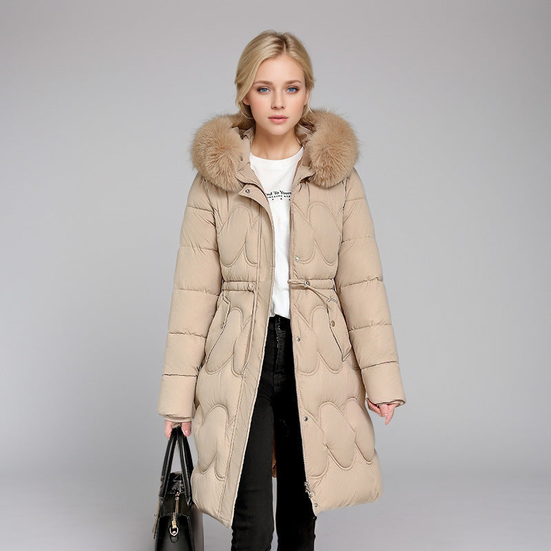Damen modischer Puffer-Mantel mit abnehmbarem Kunstfellkragen und taillierbarem Gummizug R&B