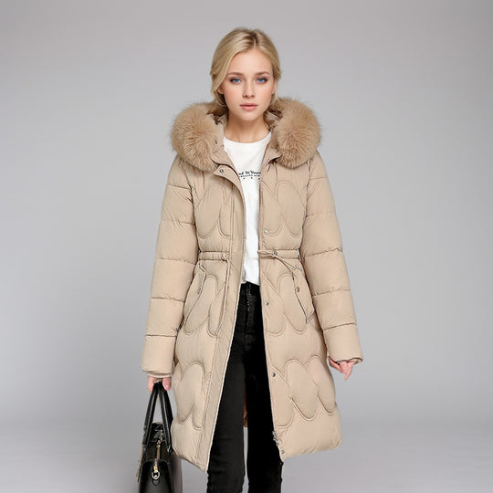 Damen modischer Puffer-Mantel mit abnehmbarem Kunstfellkragen und taillierbarem Gummizug R&B