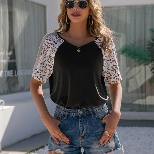 Damen lässiges T-Shirt mit animalischem Muster und Amerikanischem Ausschnitt R&B