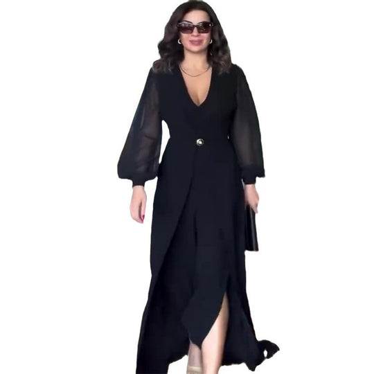 Damen Maxi-Kleid mit durchsichtigen Ärmeln und elegantem Schnitt Heidi-Mode