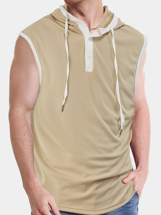 Herren nan ärmelloses Kapuzenpoloshirt mit Meshstruktur und Henley-Knopfleiste R&B