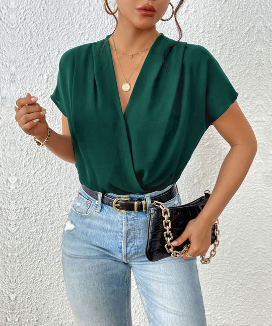 Damen Blusenshirt mit eleganter Wickeloptik und kurzen Ärmeln R&B