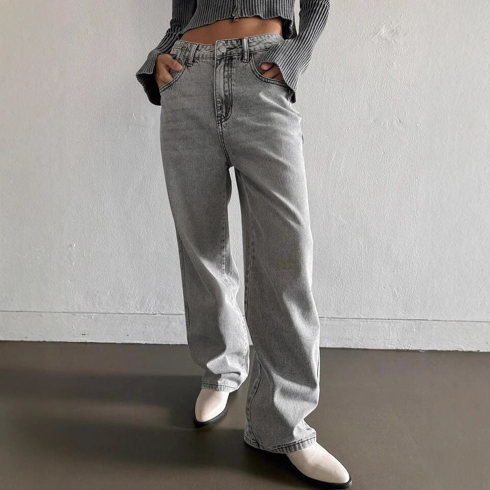 Damen weite Jeans im lässigen Vintage-Design mit hoher Taille und beständigem Stoff R&B