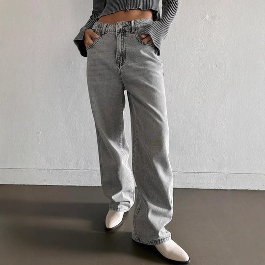 Damen weite Jeans im lässigen Vintage-Design mit hoher Taille und beständigem Stoff R&B
