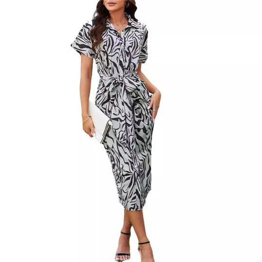 Damen Knotenkleid mit modischem Zebra-Print und schickem Hemdkragen R&B