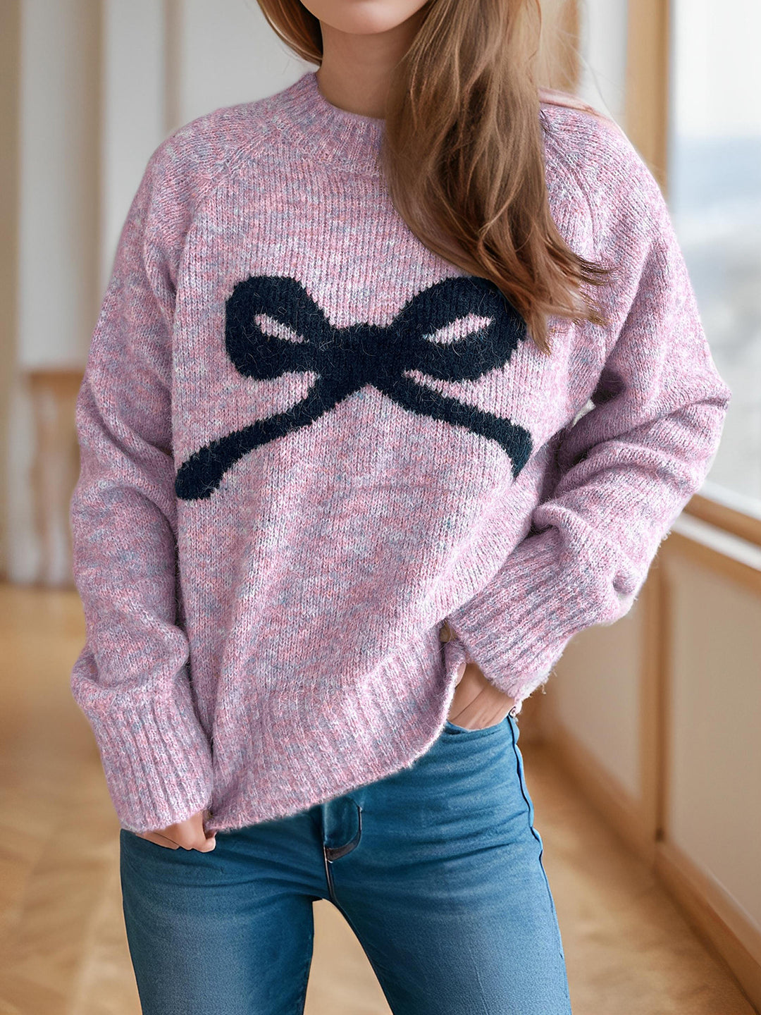 Damen gemütlicher Pullover mit verspieltem Schleifenmotiv R&B