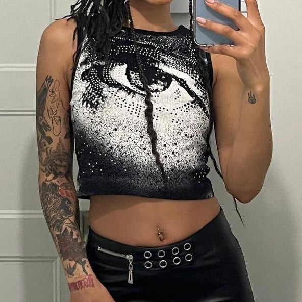 Damen Cropped Tanktop mit strahlendem Augenmotiv und glitzernden Akzenten R&B