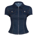 Damen Kurzarm Denim-Bluse mit modischer Zip-Detailierung und Brusttaschen R&B