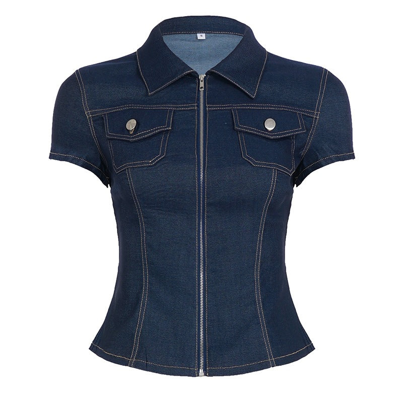 Damen Kurzarm Denim-Bluse mit modischer Zip-Detailierung und Brusttaschen R&B