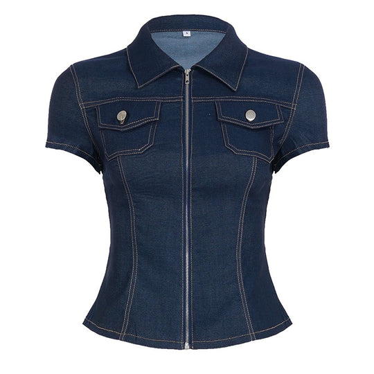 Damen Kurzarm Denim-Bluse mit modischer Zip-Detailierung und Brusttaschen R&B