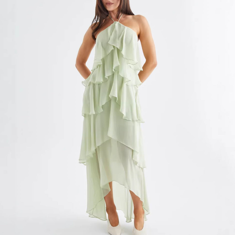Damen Luftiges Chiffon-Maxikleid mit Rüschendetails und elegantem Halterneck R&B