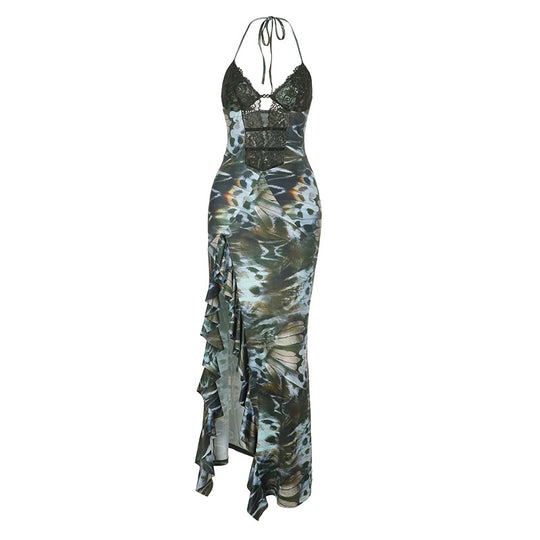 Damen Maxikleid mit Spitzen-Oberteil und asymmetrischem Schlitz R&B