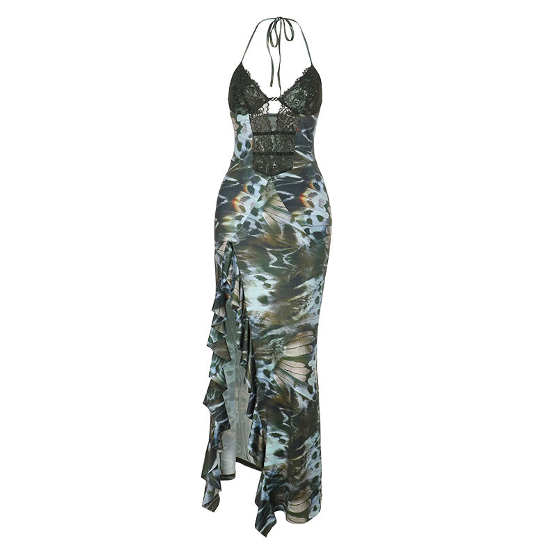 Damen Maxikleid mit Spitzen-Oberteil und asymmetrischem Schlitz R&B