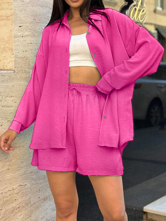 Damen lässiges Kurzarm-Set mit geknöpfter Bluse und bequemen Shorts R&B