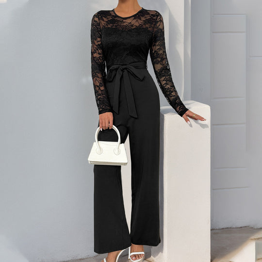 Damen Eleganter Jumpsuit mit Spitzenoberteil und tailliertem Bund R&B