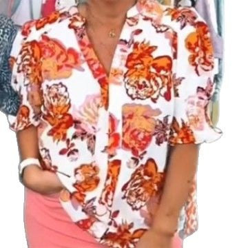 Damen nan lockere Bluse mit gerafften Puffärmeln und Knopfleiste R&B