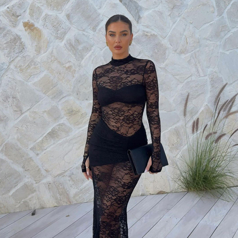 Damen Spitzenmaxikleid mit transparentem Langarmdesign und figurformendem Schnitt R&B
