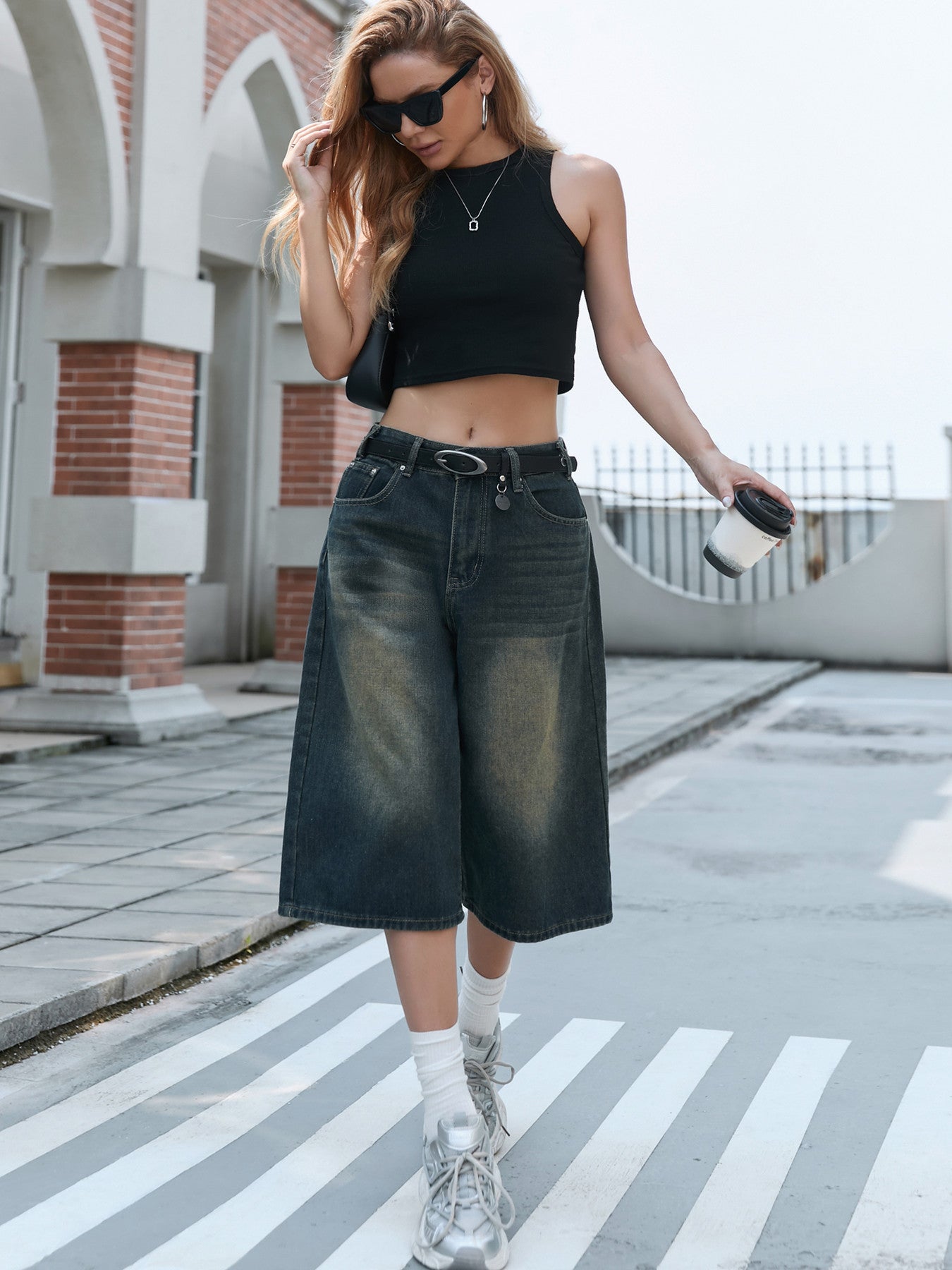 Damen Weite Denim-Culotte mit modischer Nackenbindung R&B