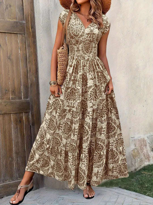 Damen Maxikleid mit romantischem Vintage-Muster und fließendem Schnitt R&B