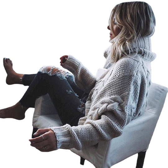 Damen Grobgestrickter Pullover mit hohem Kragen und Zopfdesign R&B